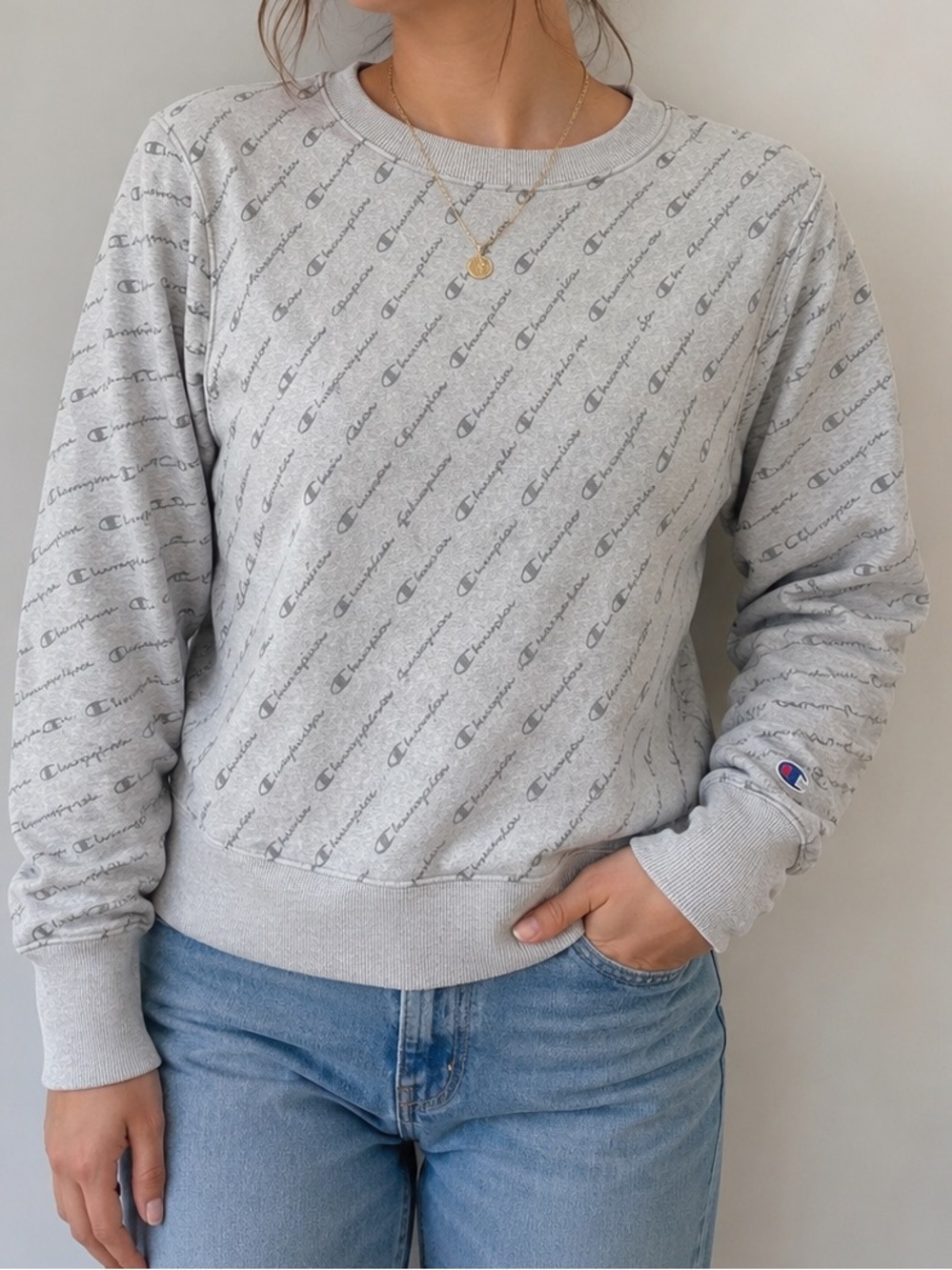 Champion Reverse Weave Gray Allover Logo Sweatshirt Women’s Small